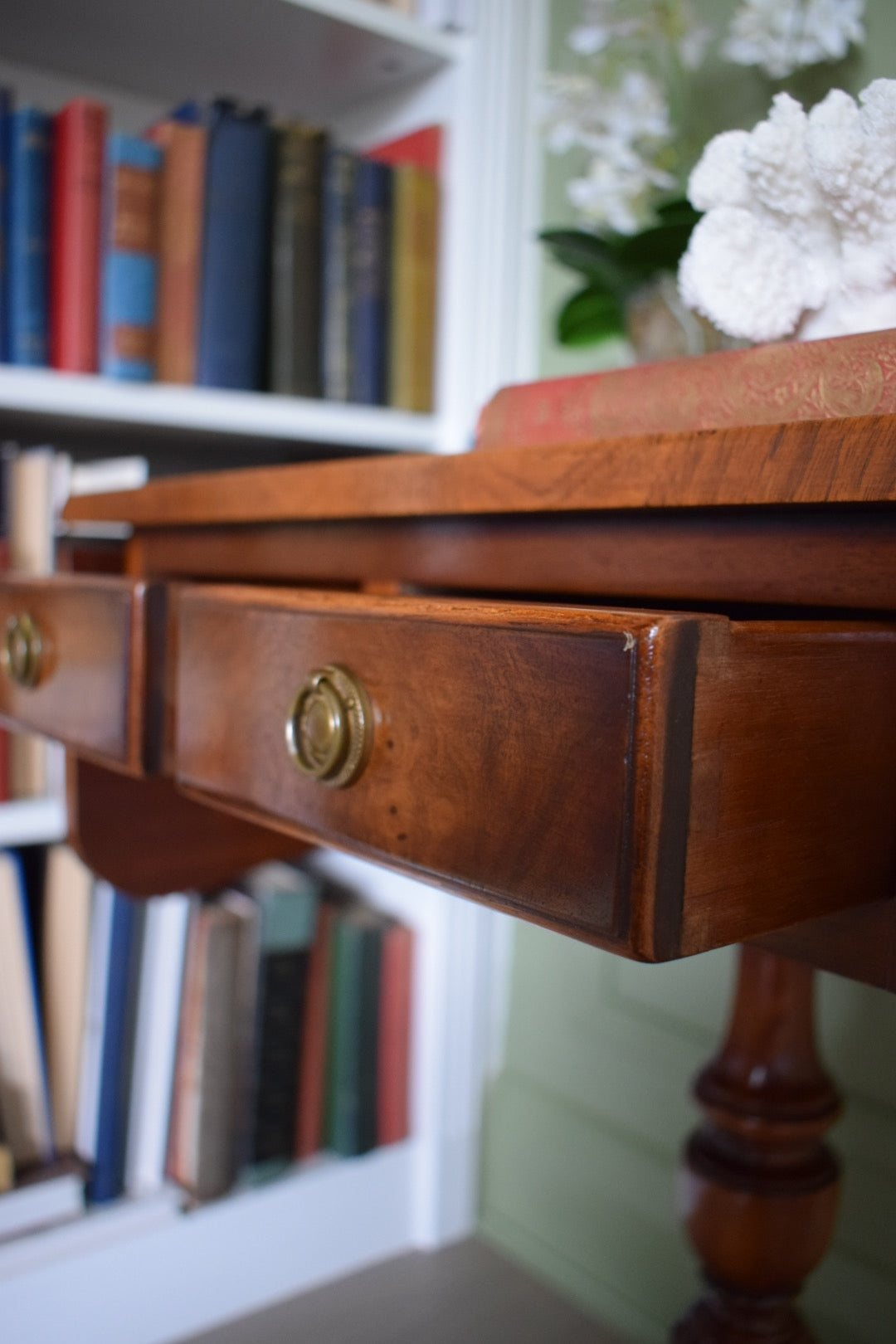 Bevan Funnell style Flamed mahogany Occasional table with 2 drawers and Green leather top