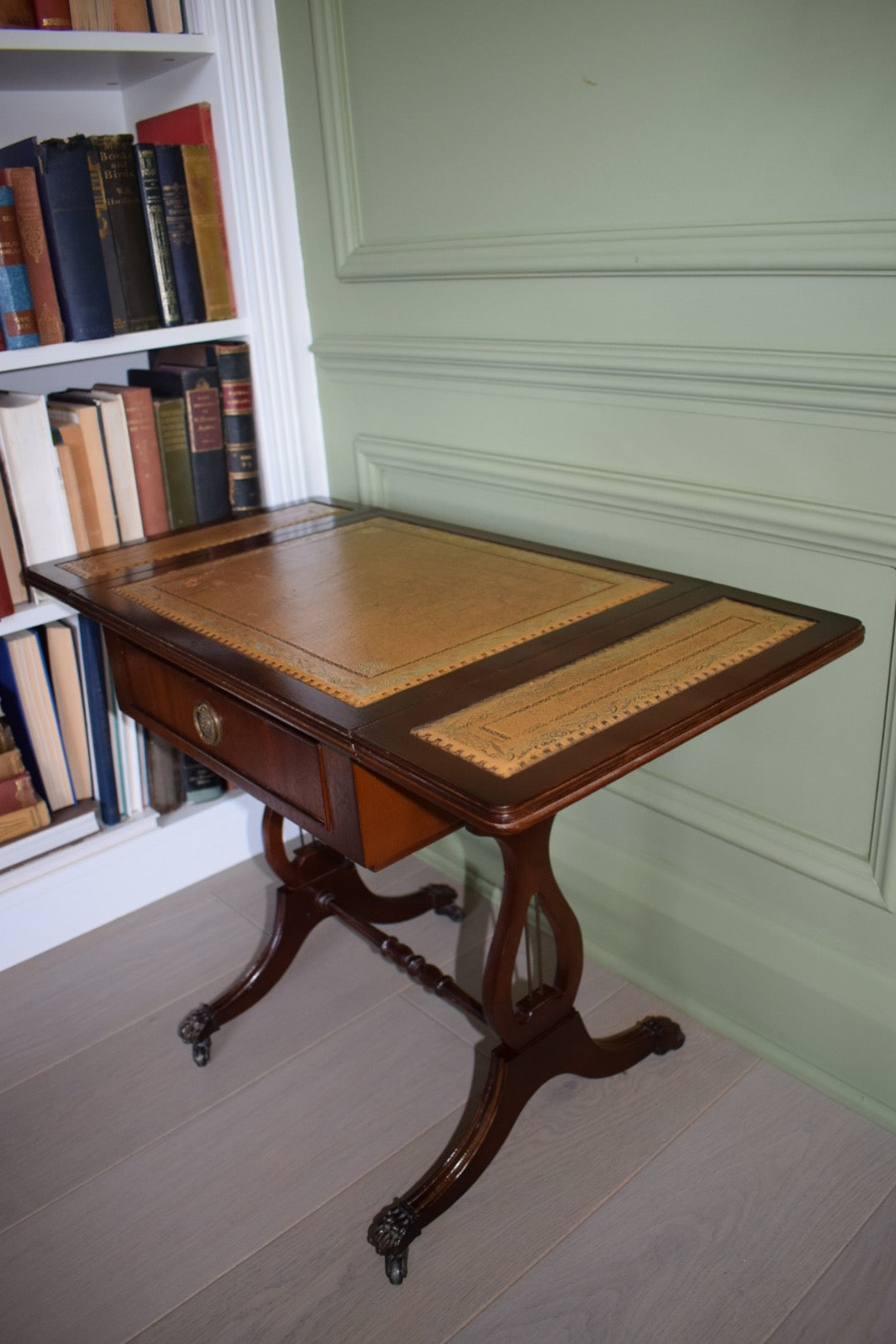 Gorgeous Walnut Bedside Or End Wine Tables With tan Leather Top on castors