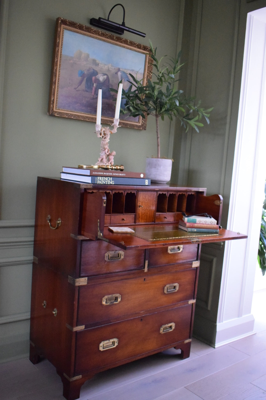 Rare Late 1800s Victorian Military Campaign Built in Secretaire with Chest of drawers