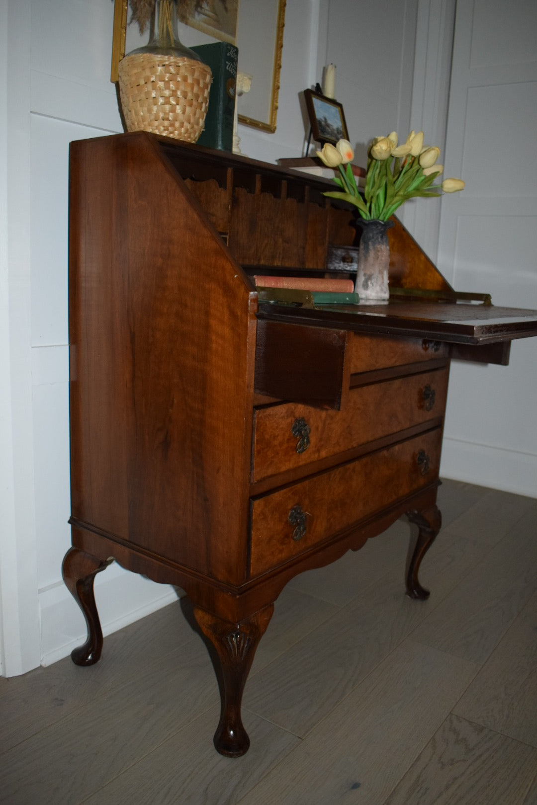 Antique Burr and burl c. 1900s walnut writing bureau