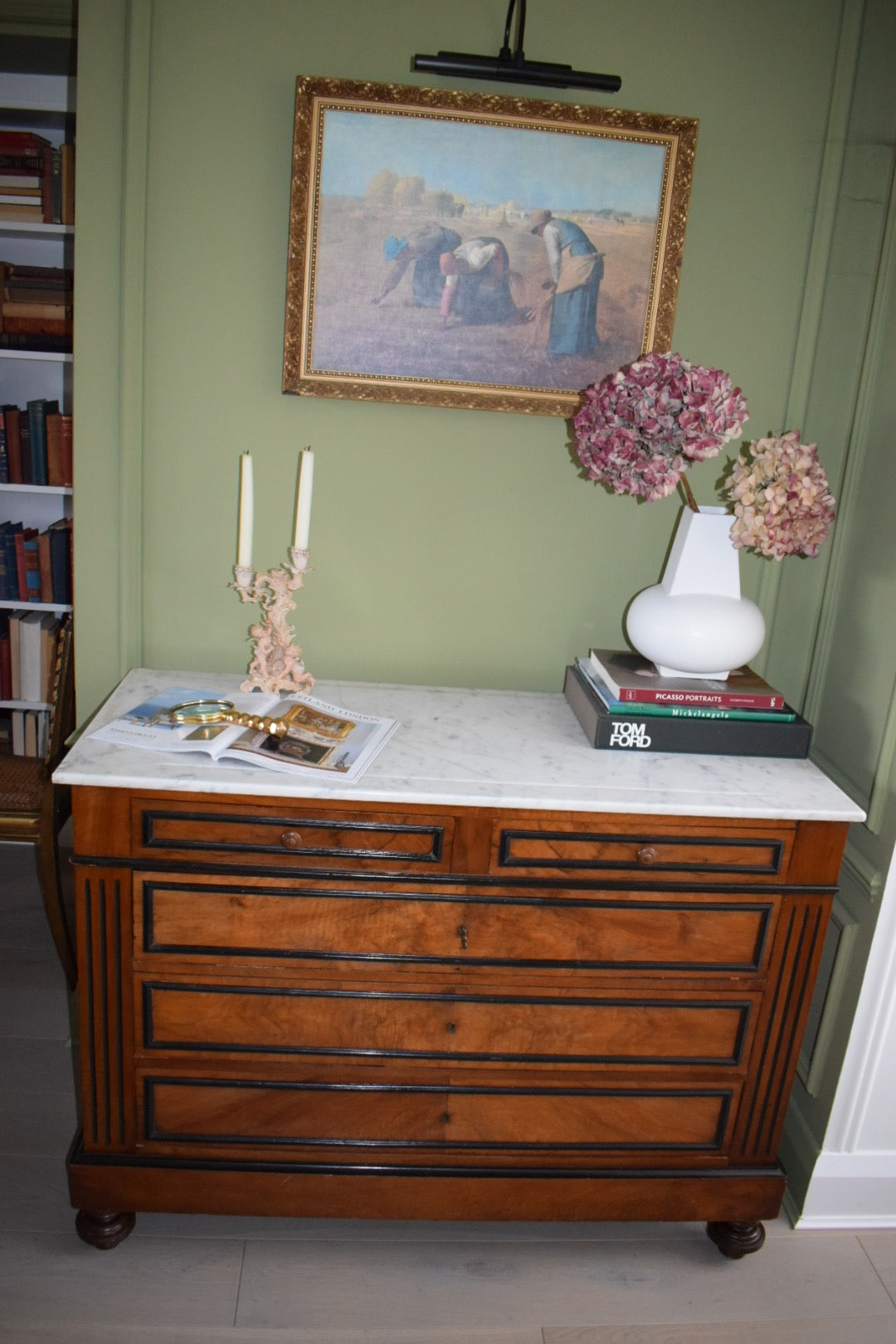 Stunning Burl wood Neoclassical Louis French Antique Marble Top Chest of Drawers Dresser