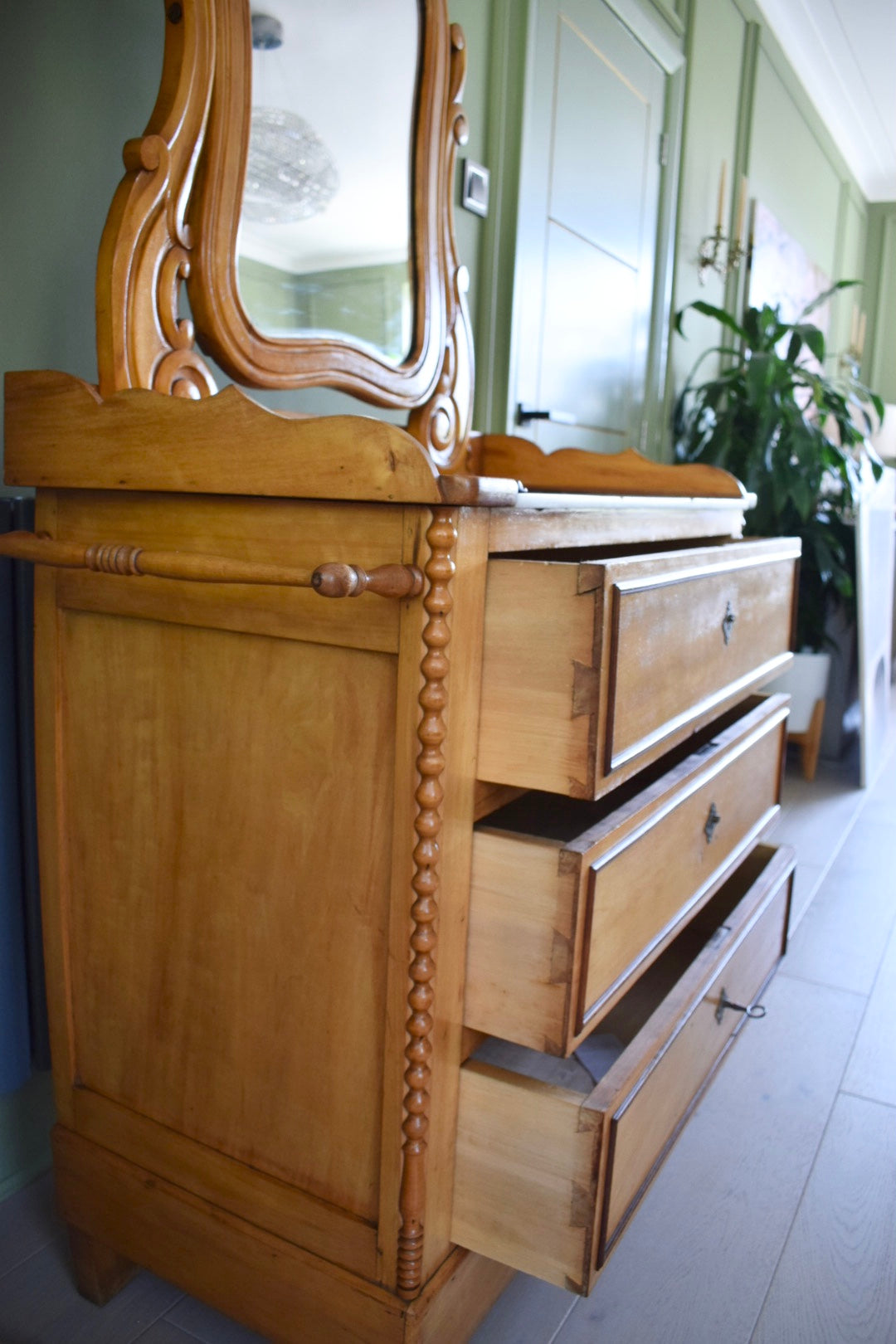 Satin Birch Marble top Dressing chest of drawers with mirror