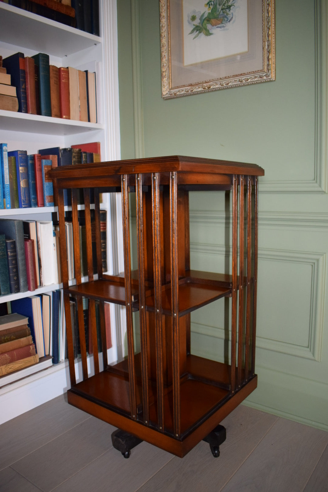 Rare Antique Sheraton Revival Burr Elm & Satinwood Revolving Bookcase