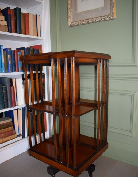 Rare Antique Sheraton Revival Burr Elm & Satinwood Revolving Bookcase