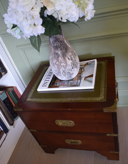 Harrods Kennedy military bedside table with green leather top with handles