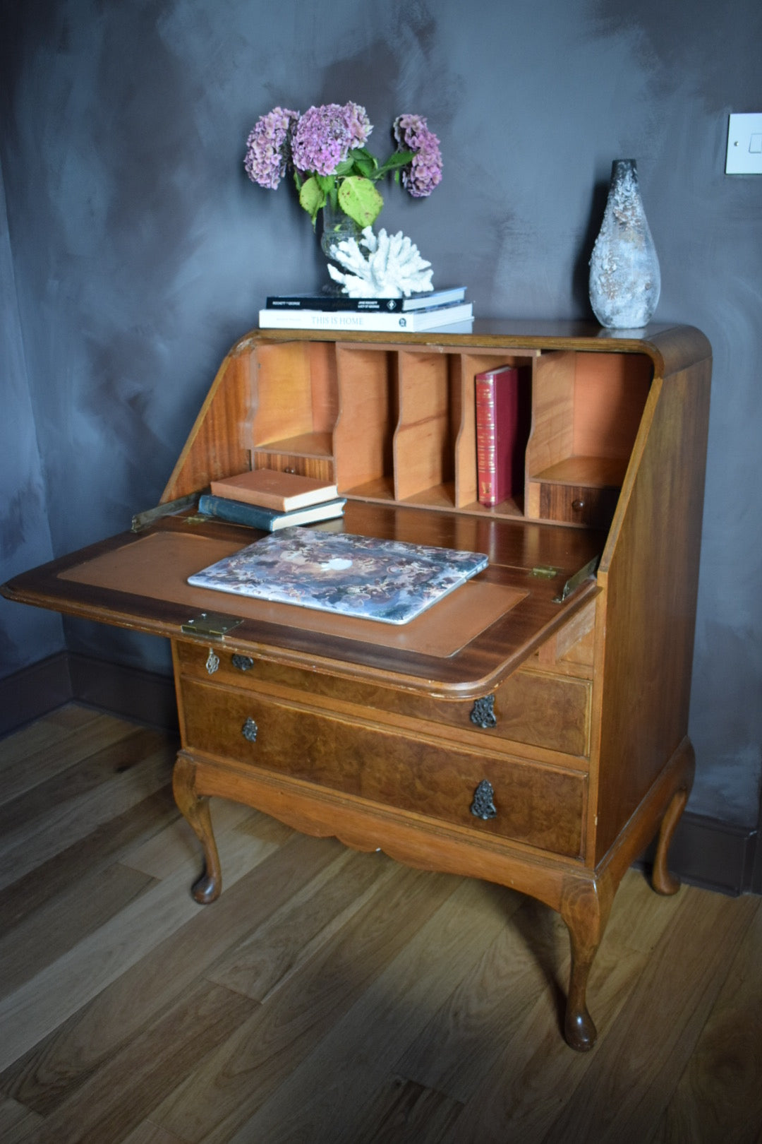 Antique Burr Walnut Writing Bureau: Fitted Interior, c. 1900s