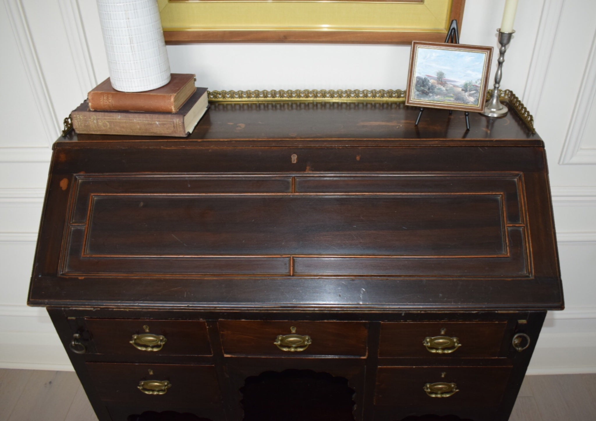 Charming Late 19th Century Edwardian Mahogany bureau with brass gallery rail