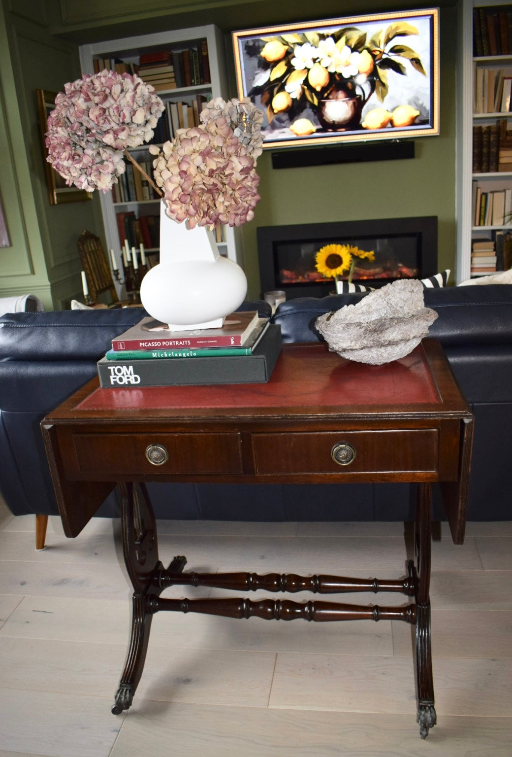 Vintage Regency Bevan Funnell style drop leaf leather top sofa table