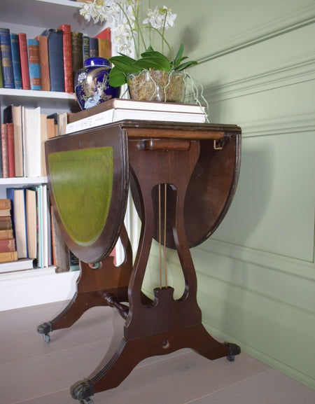 Gorgeous Swivel Drop Leaf Mahogany Bedside Or End Wine Tables With Green Leather Top