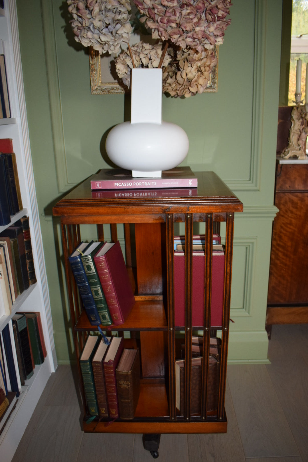 Rare Antique Sheraton Revival Burr Elm & Satinwood Revolving Bookcase