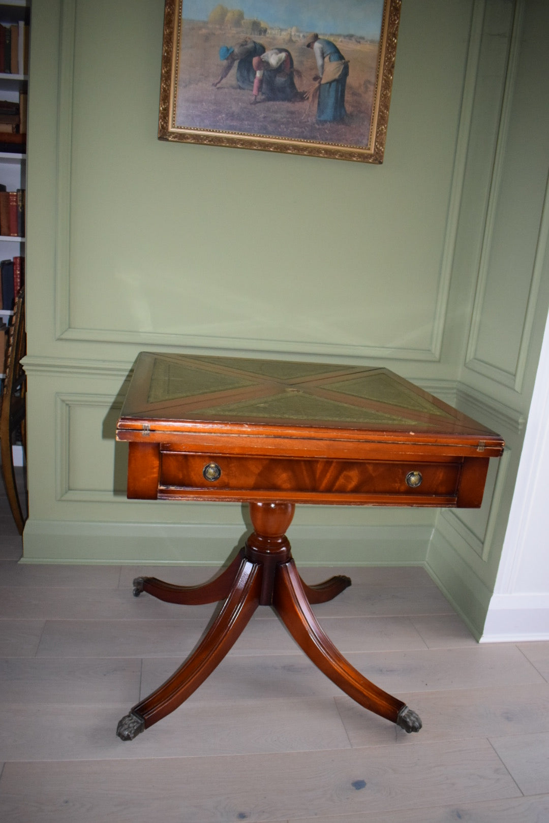 Stunning Bevan Funnell Games / Large Card table on Casters With green Leather Top