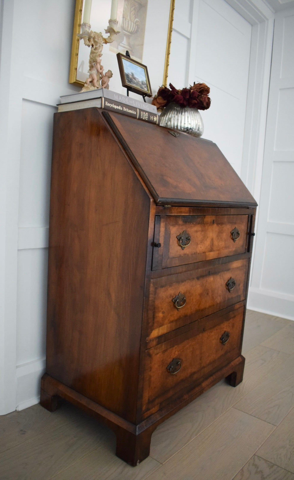 Antique Burr Satin walnut George Bureau desk table c 1910