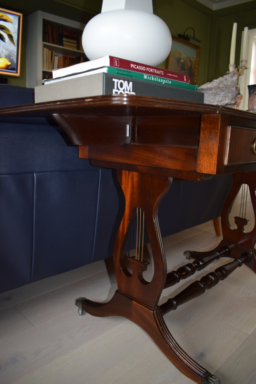 Vintage Regency Bevan Funnell style drop leaf leather top sofa table