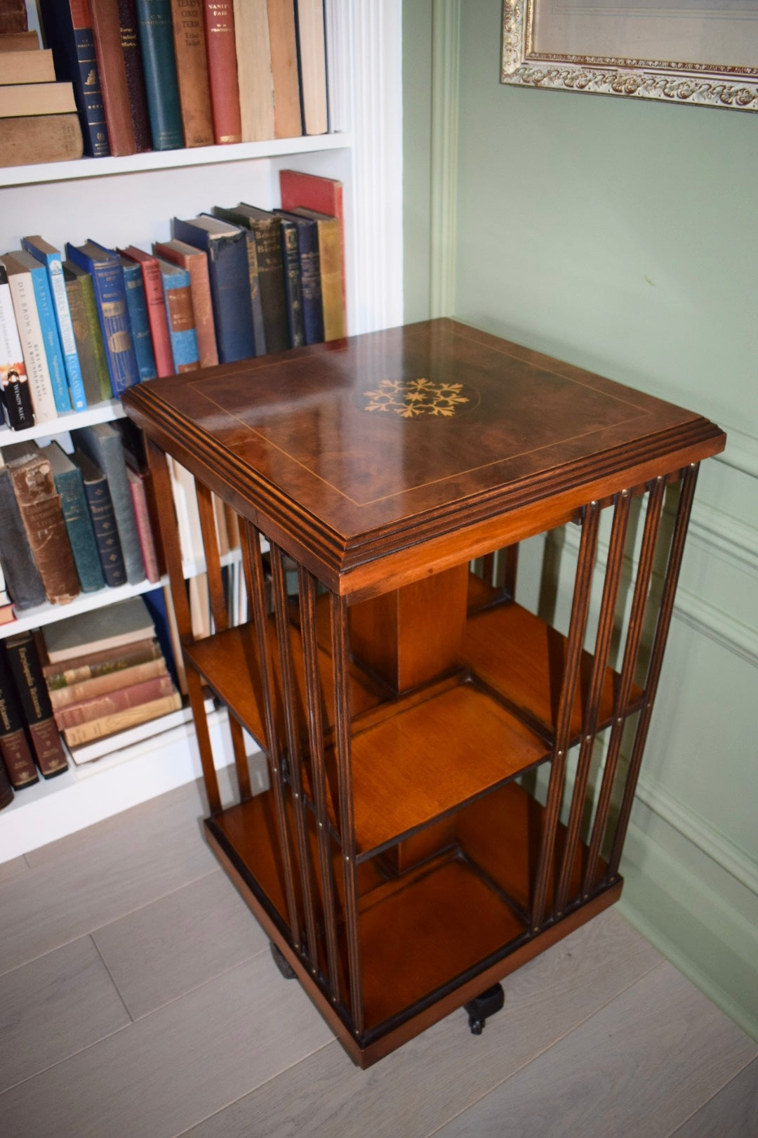 Rare Antique Sheraton Revival Burr Elm & Satinwood Revolving Bookcase