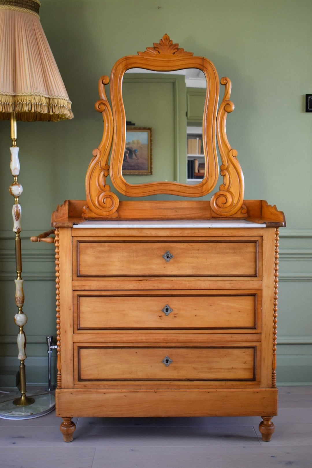 Satin Birch Marble top Dressing chest of drawers with mirror