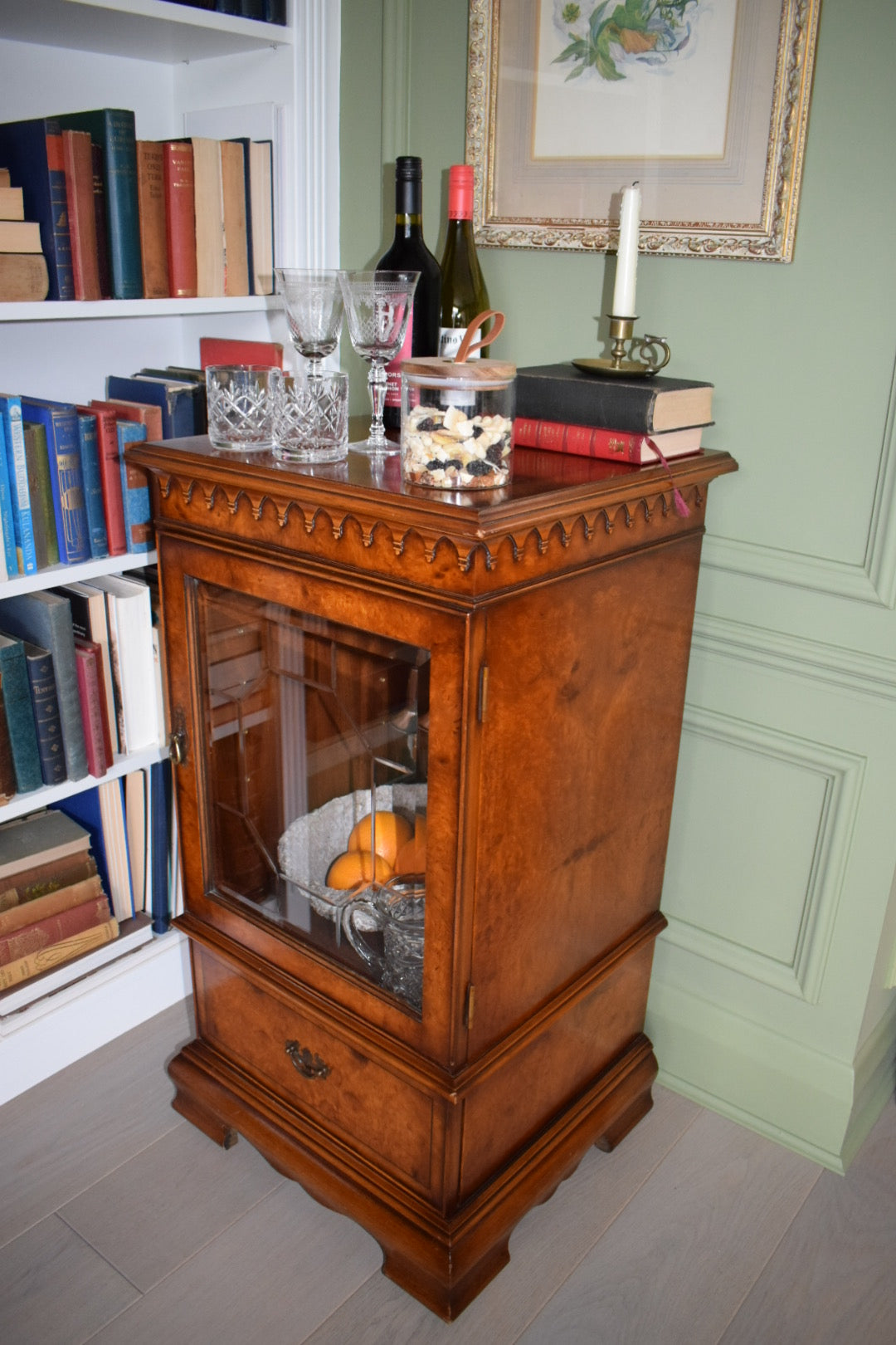 Rare Antique Sheraton Revival Burr Elm & Satinwood Cabinet/ Bar Cart