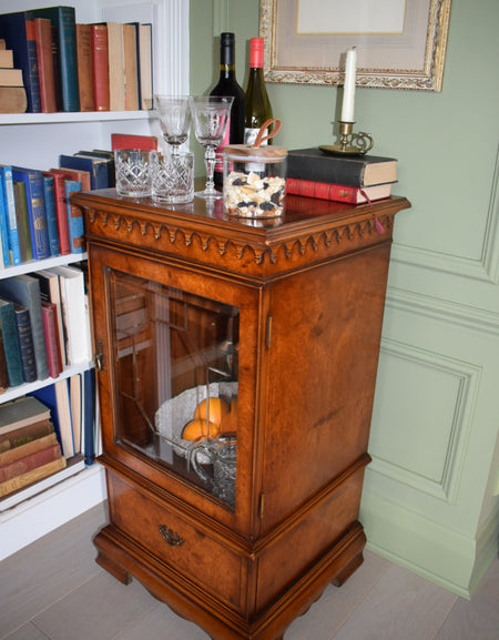 Rare Antique Sheraton Revival Burr Elm & Satinwood Cabinet/ Bar Cart