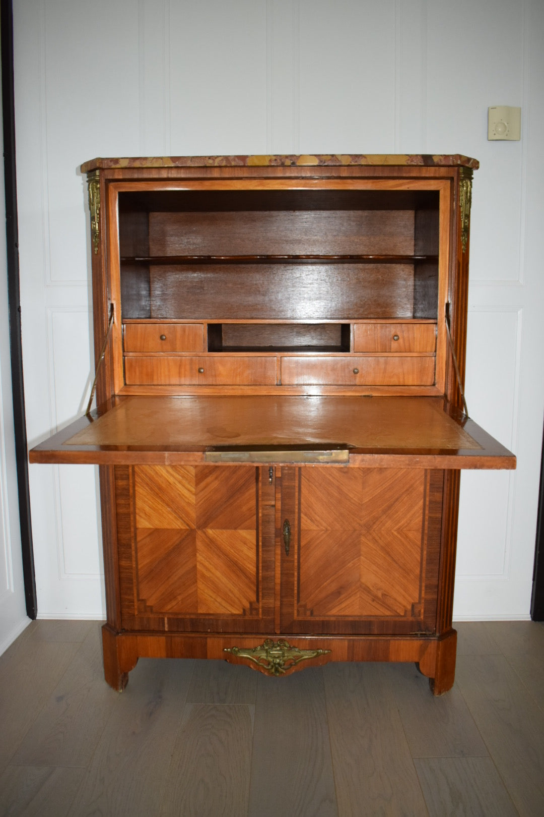 19th Century Louis XVI Walnut Fall Front Marquetry Secretaire Bureau Chest