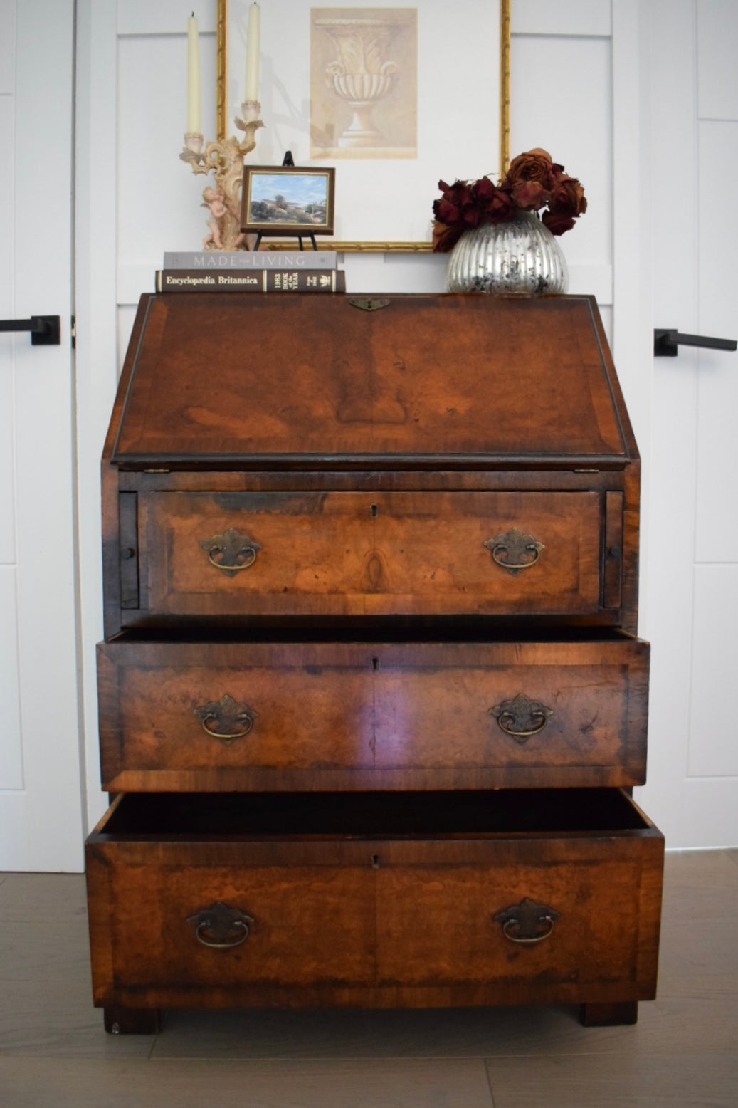 Antique Burr Satin walnut George Bureau desk table c 1910