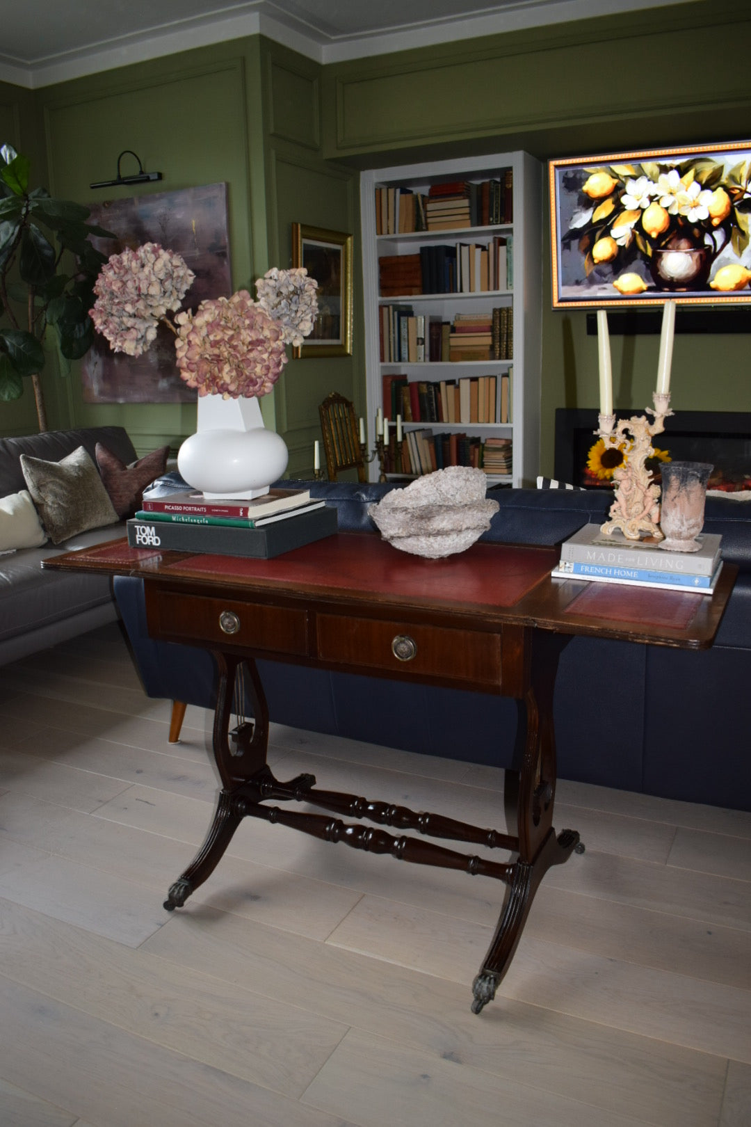 Vintage Regency Bevan Funnell style drop leaf leather top sofa table