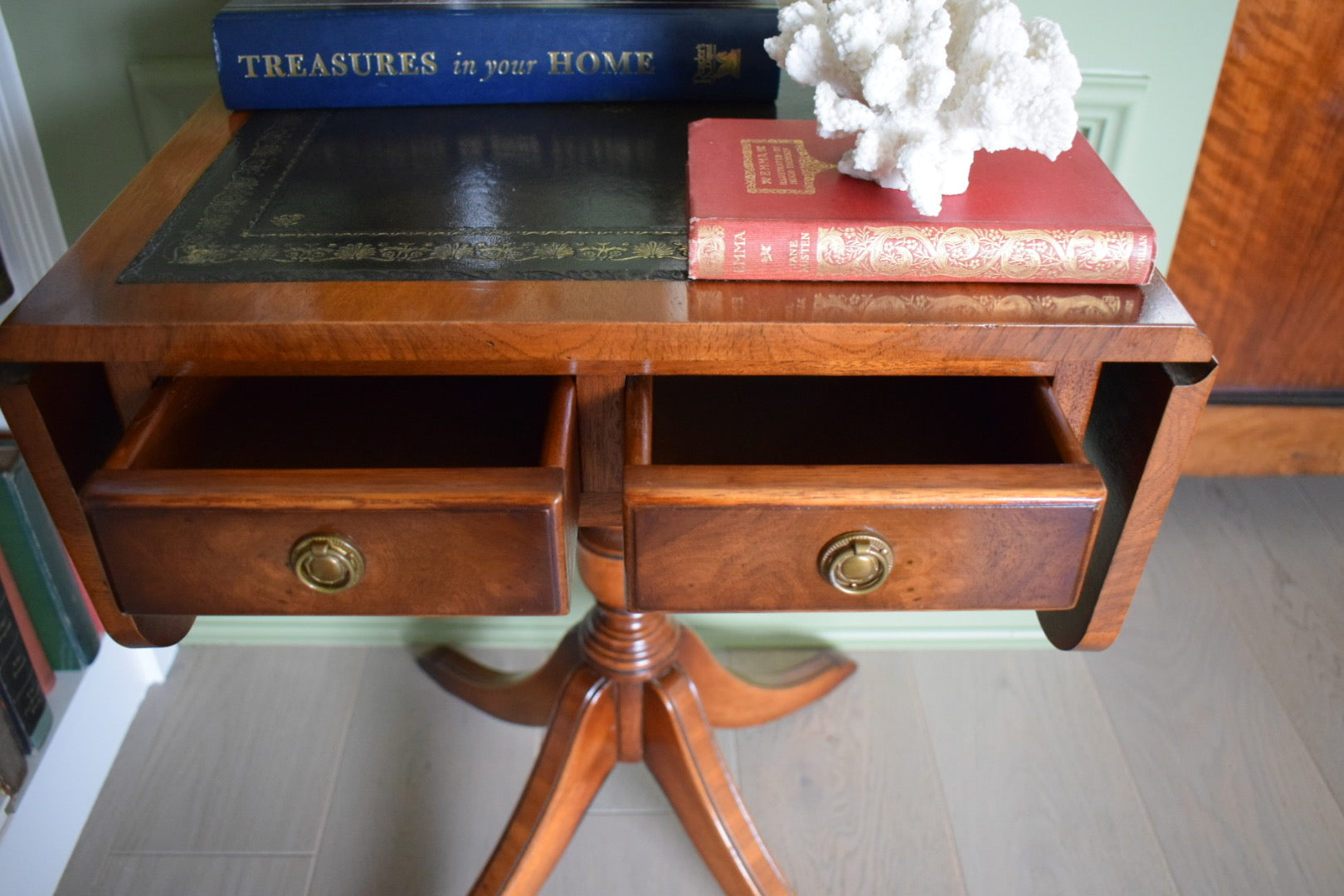 Bevan Funnell style Flamed mahogany Occasional table with 2 drawers and Green leather top