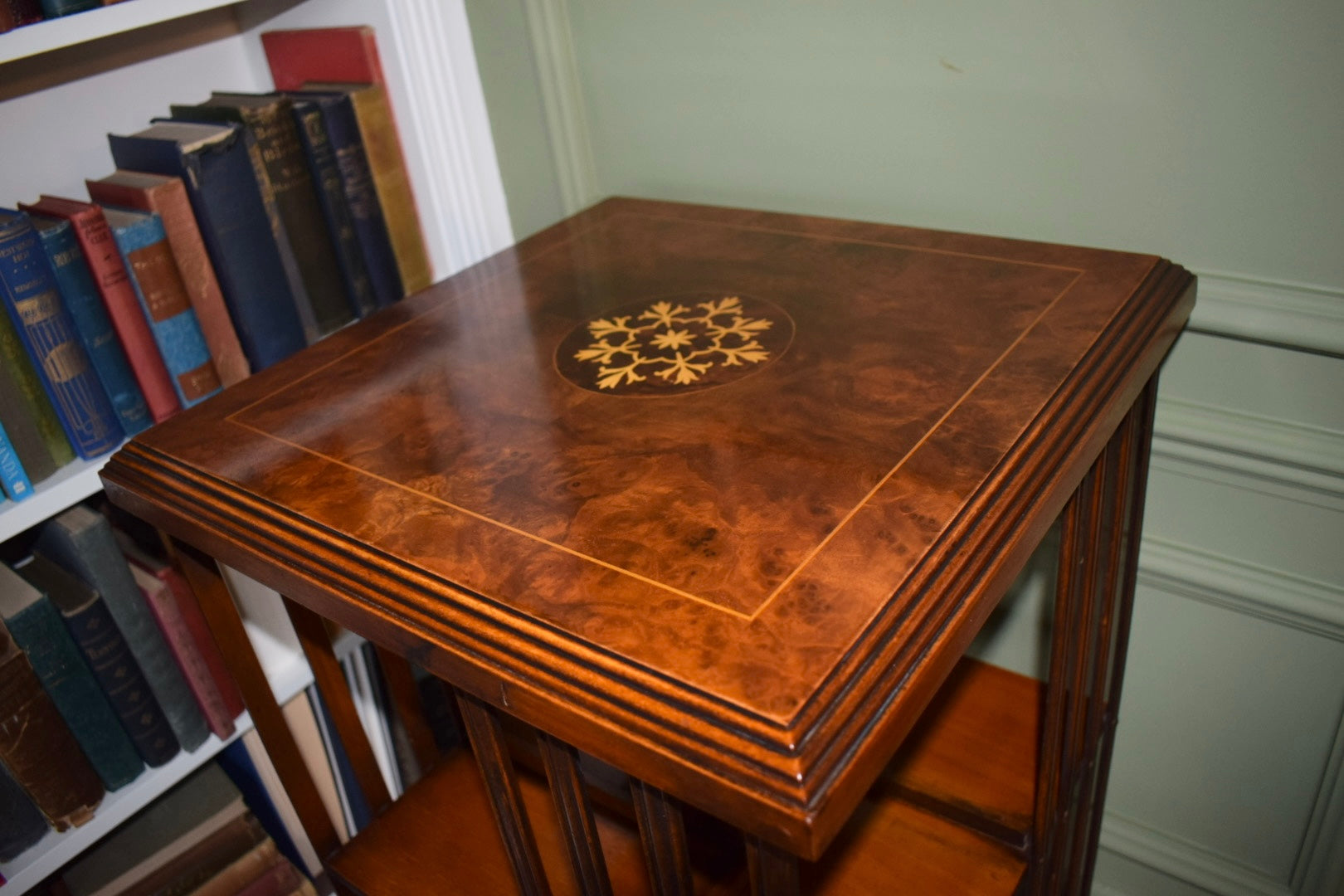 Rare Antique Sheraton Revival Burr Elm & Satinwood Revolving Bookcase