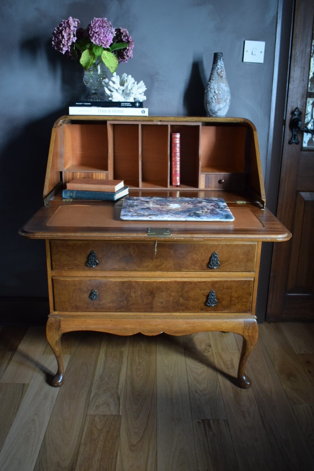 Antique Burr Walnut Writing Bureau: Fitted Interior, c. 1900s