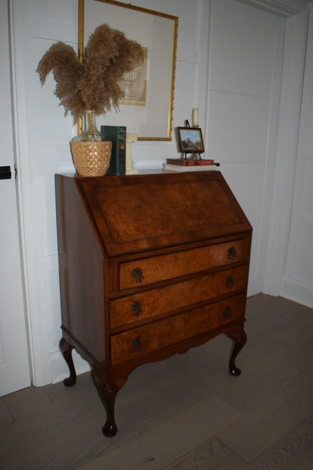 Antique Burr and burl c. 1900s walnut writing bureau