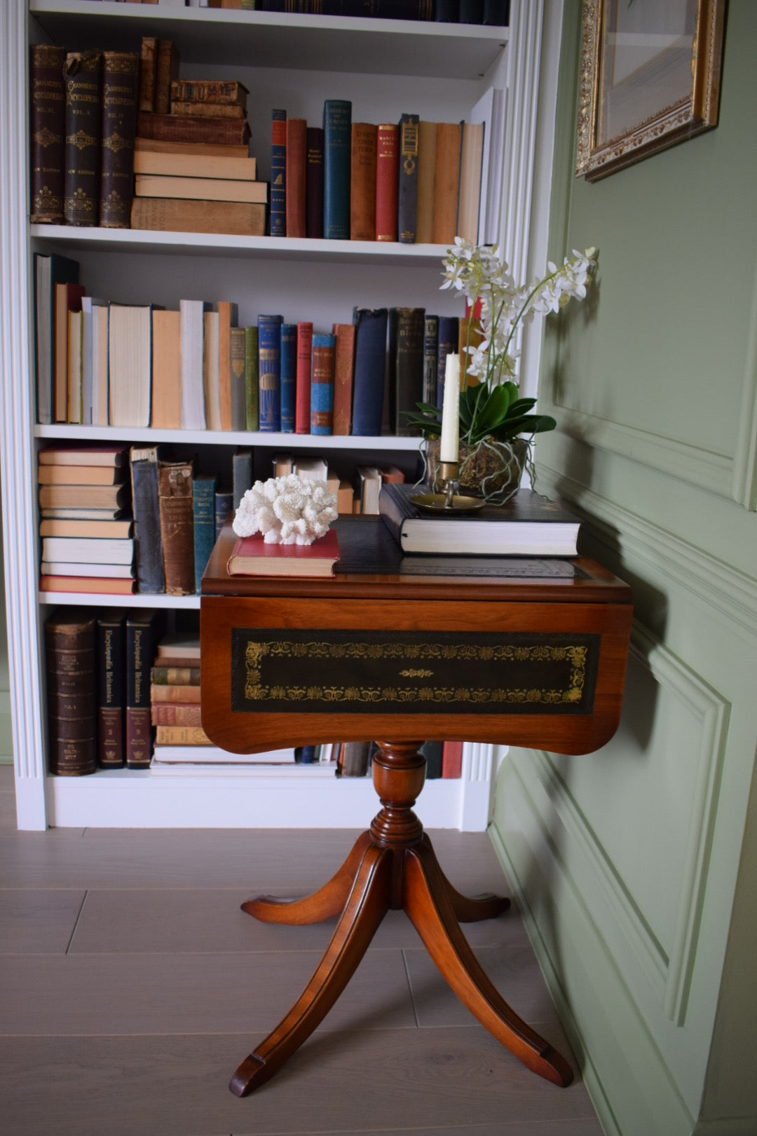 Bevan Funnell style Flamed mahogany Occasional table with 2 drawers and Green leather top