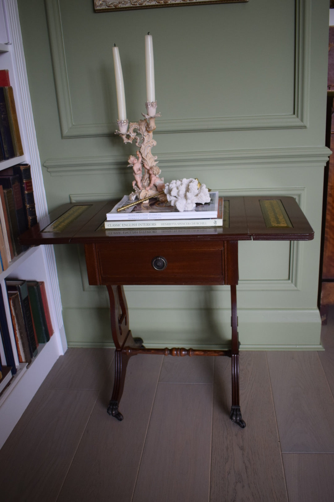 Gorgeous Flamed Mahogany Bedside Or End Wine Tables With green Leather Top on castors