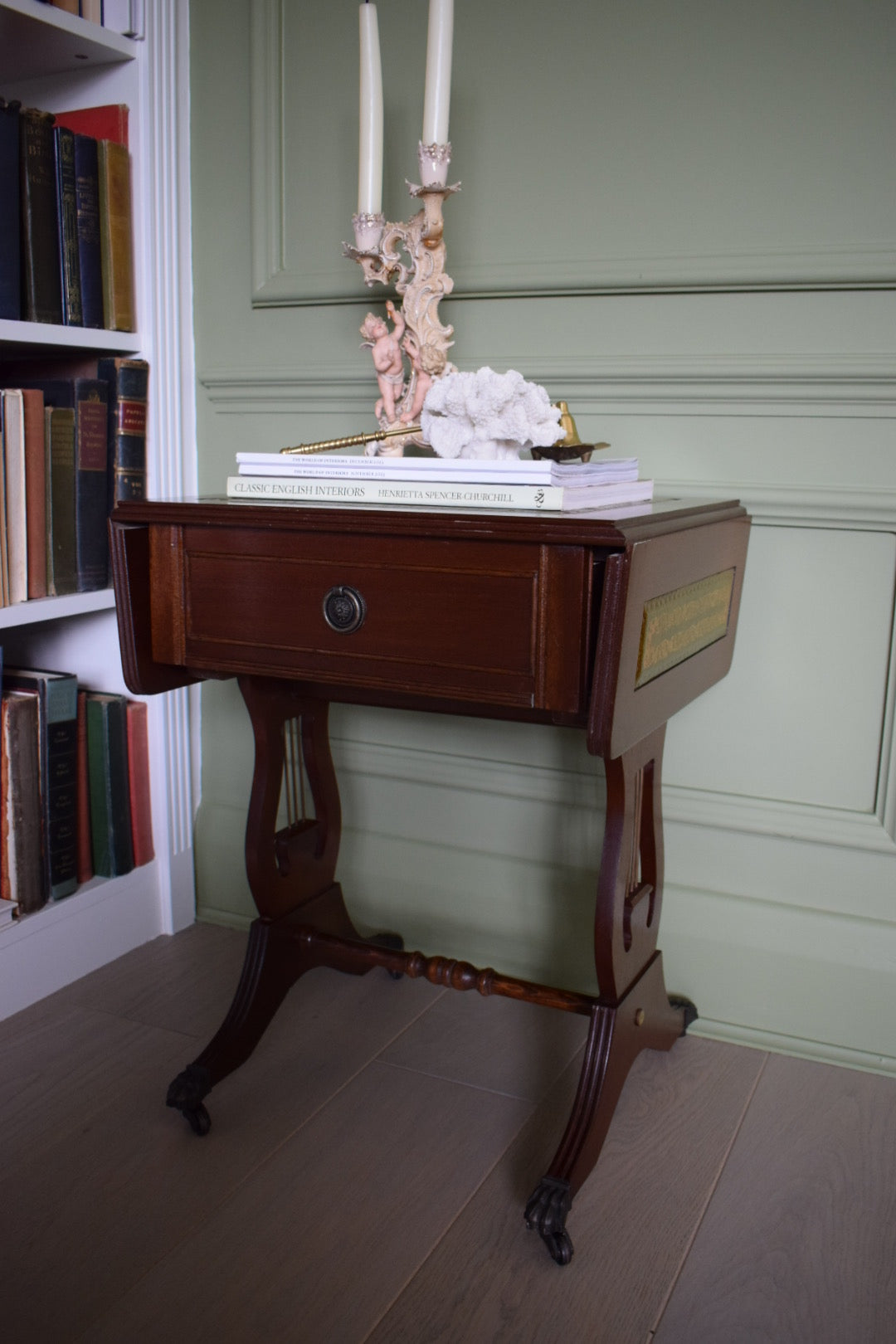 Gorgeous Flamed Mahogany Bedside Or End Wine Tables With green Leather Top on castors