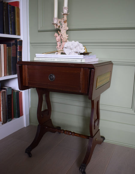 Gorgeous Flamed Mahogany Bedside Or End Wine Tables With green Leather Top on castors