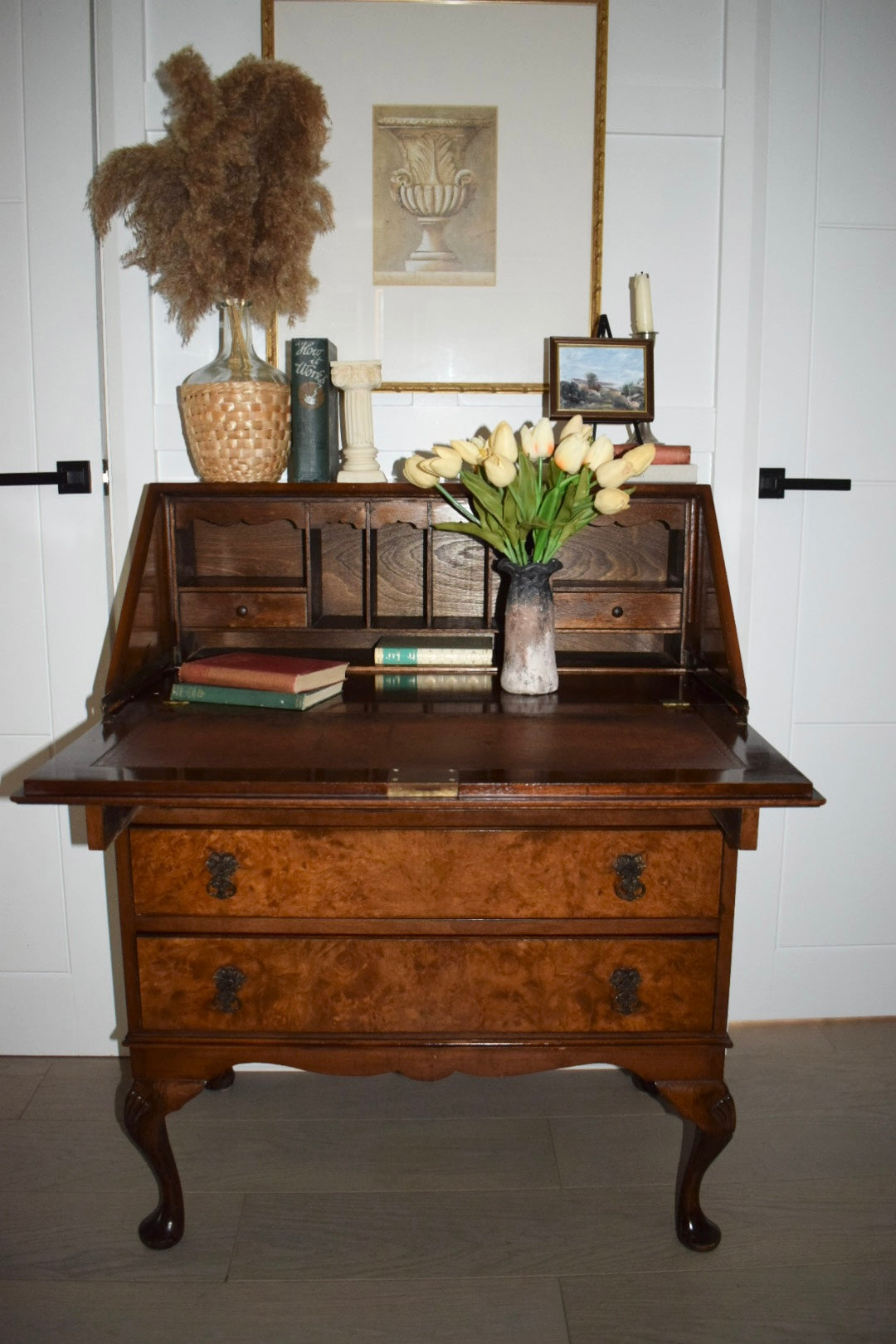 Antique Burr and burl c. 1900s walnut writing bureau