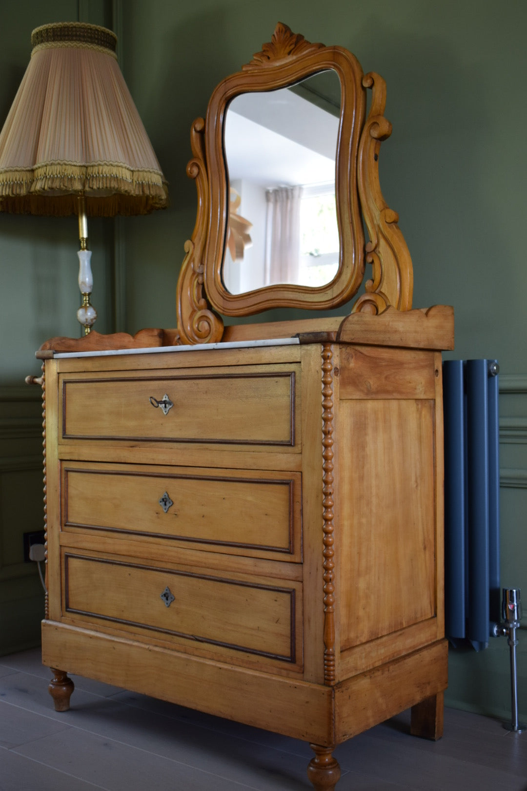 Satin Birch Marble top Dressing chest of drawers with mirror