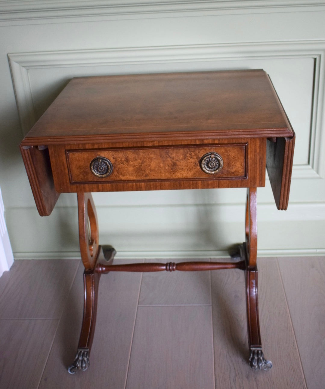 Stunning Burr and Burl Walnut Bedside Or End Wine Lamp Tables Bevan Funnell style With paw castors