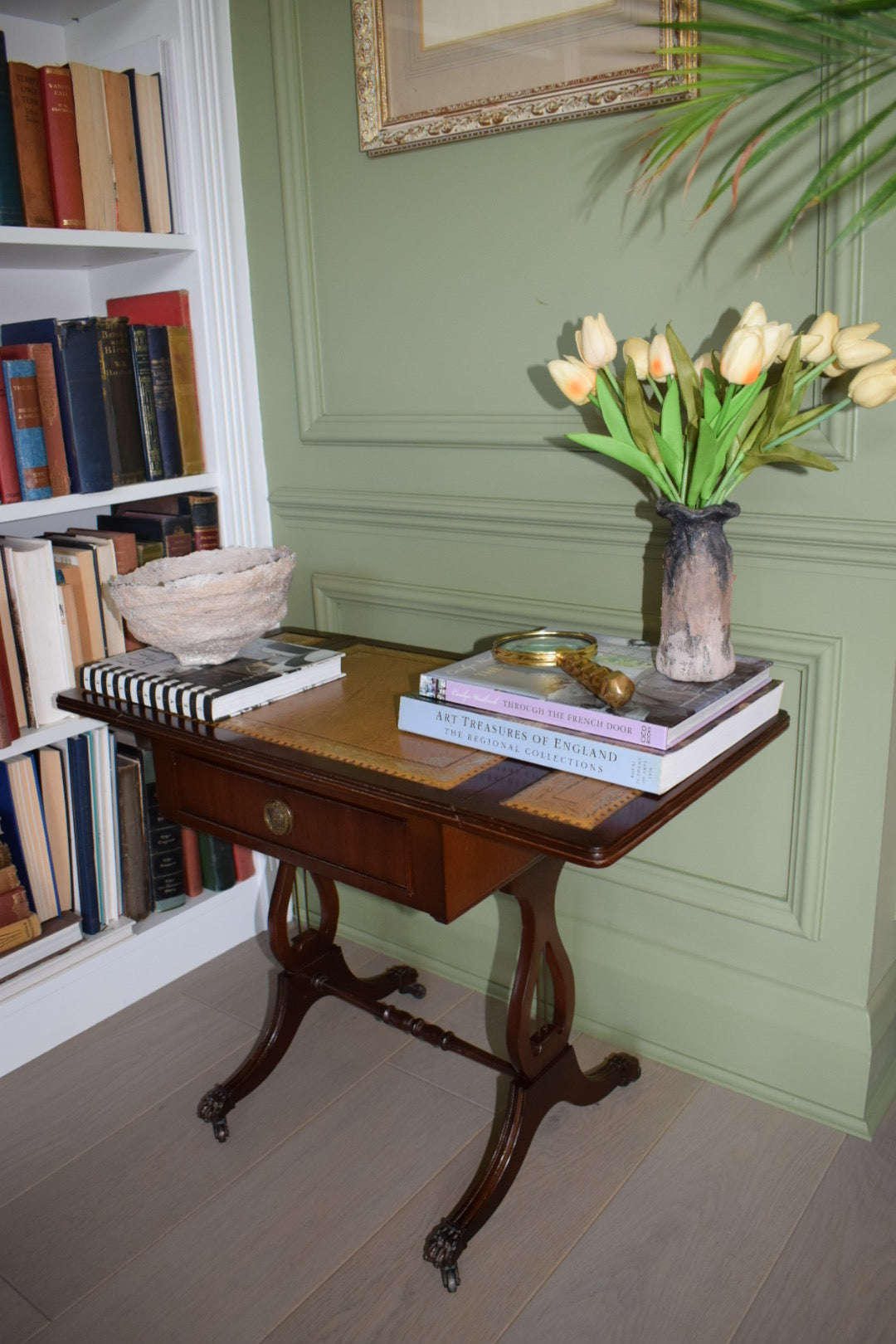 Gorgeous Walnut Bedside Or End Wine Tables With tan Leather Top on castors