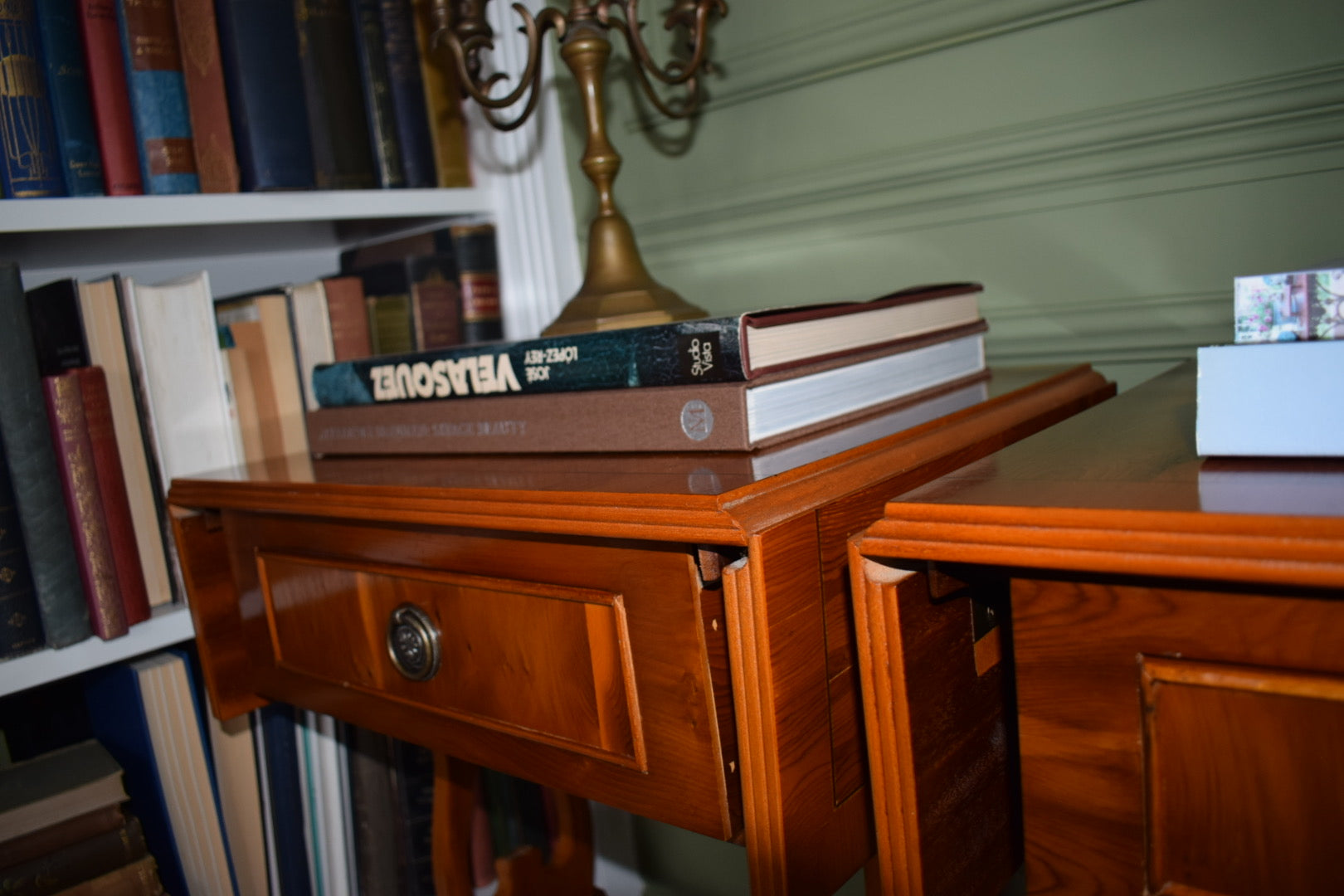 Pair of Antique Burr Walnut Drop Leaf Side Tables with Paw castors Bevan Funnell style