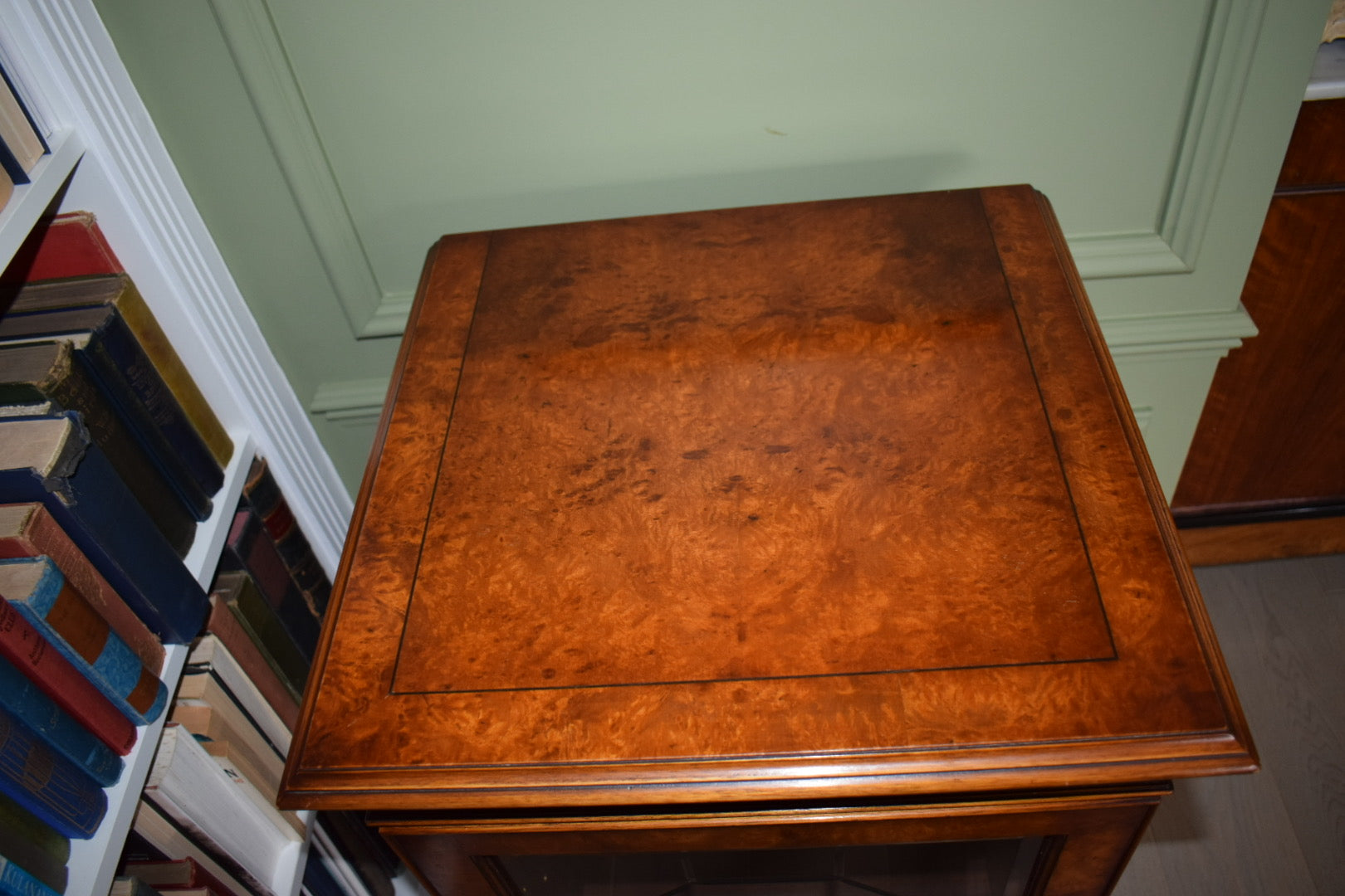 Rare Antique Sheraton Revival Burr Elm & Satinwood Cabinet/ Bar Cart