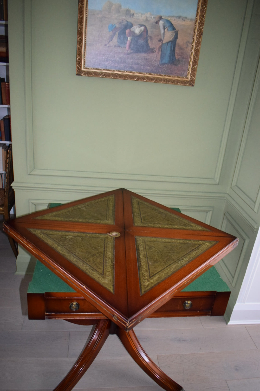 Stunning Bevan Funnell Games / Large Card table on Casters With green Leather Top