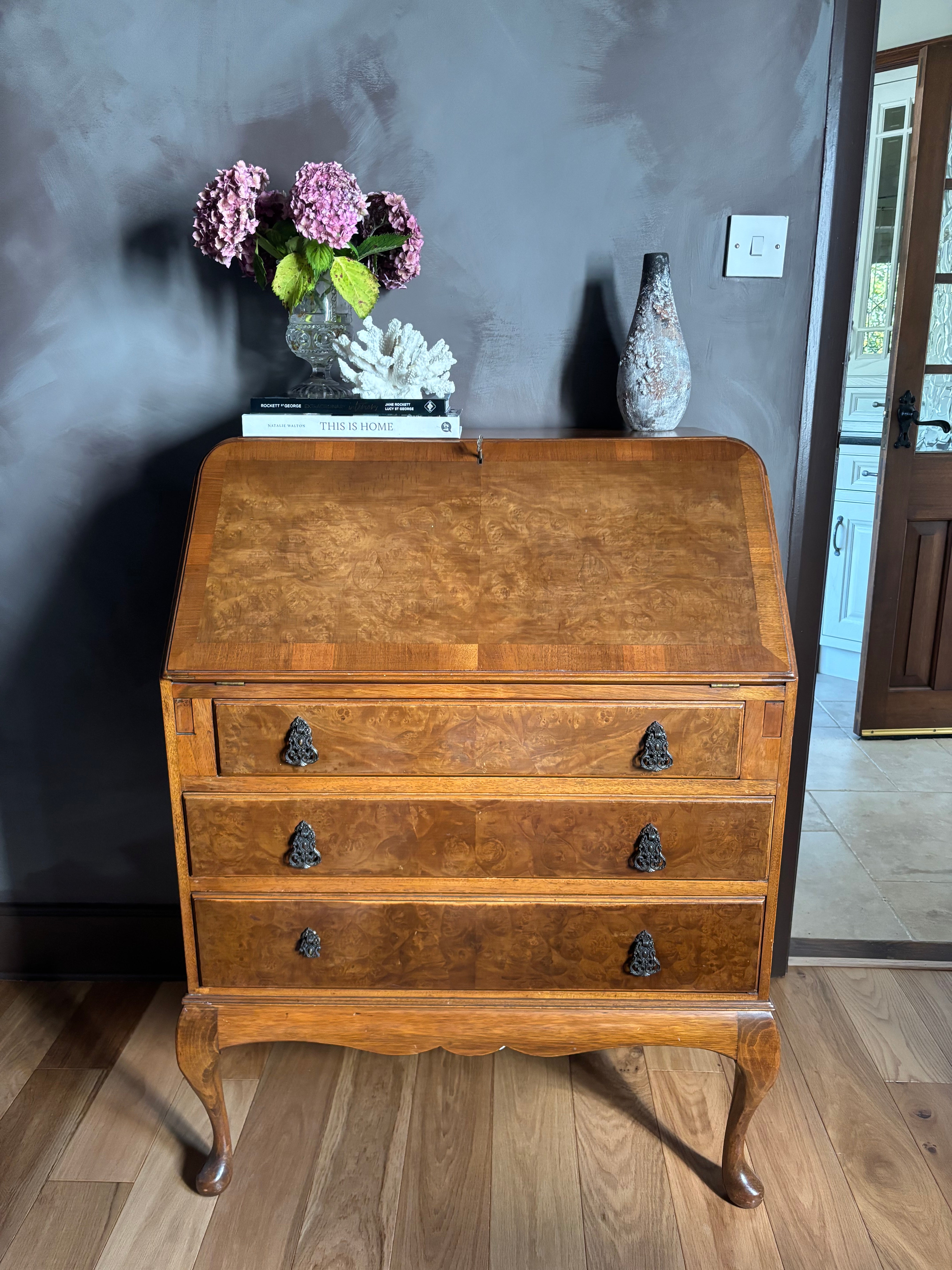 Antique Burr Walnut Writing Bureau: Fitted Interior, c. 1900s