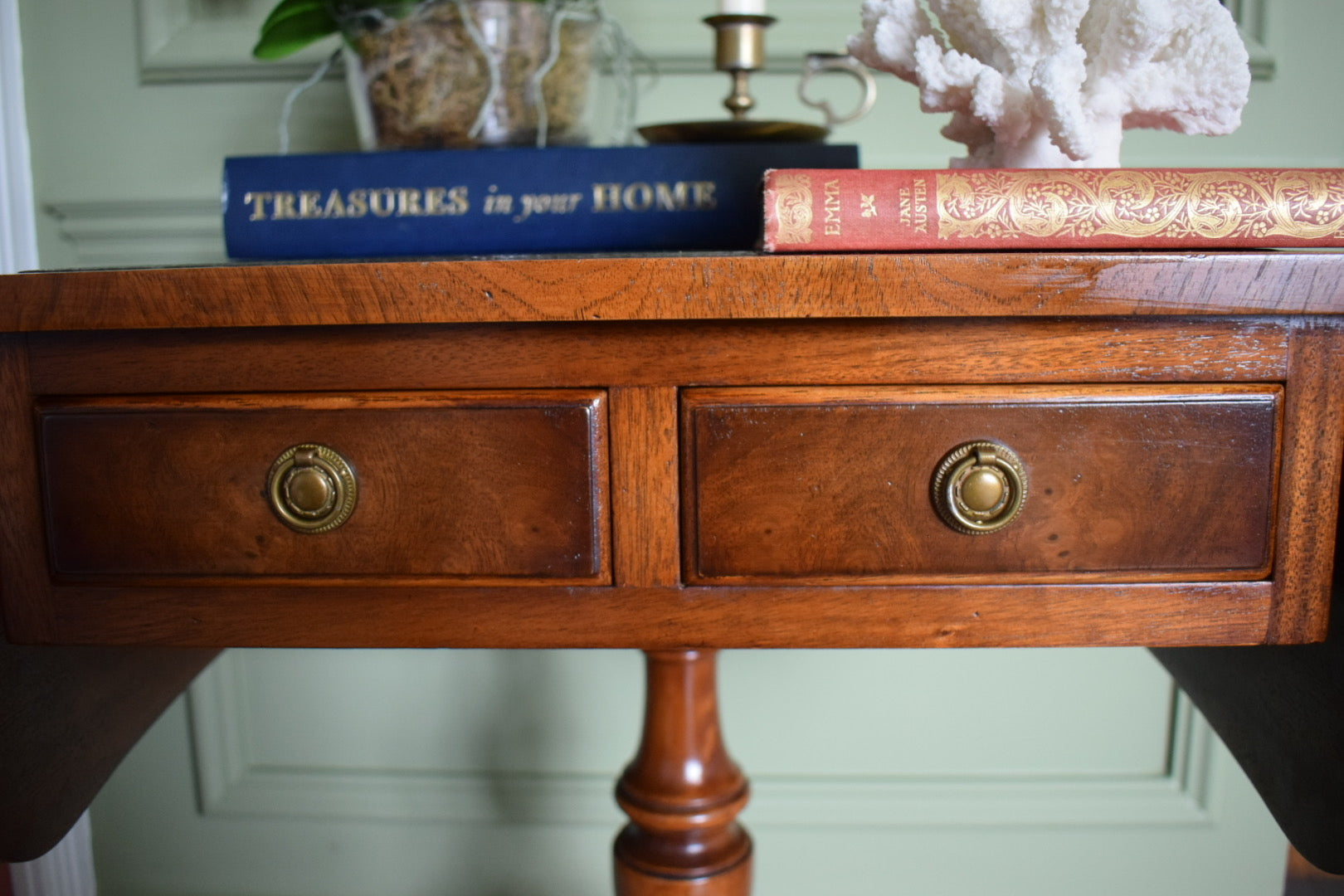 Bevan Funnell style Flamed mahogany Occasional table with 2 drawers and Green leather top