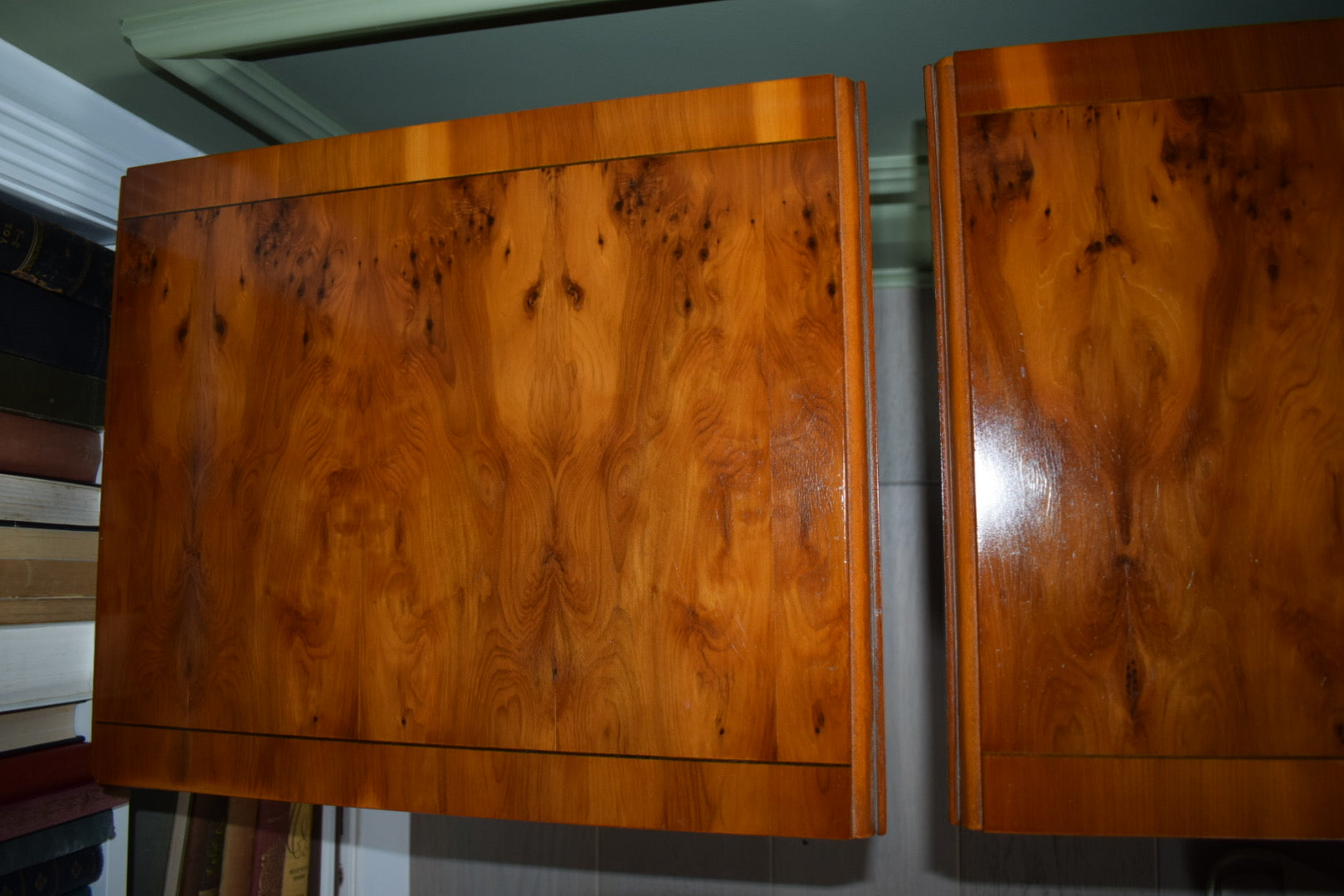 Pair of Antique Burr Walnut Drop Leaf Side Tables with Paw castors Bevan Funnell style