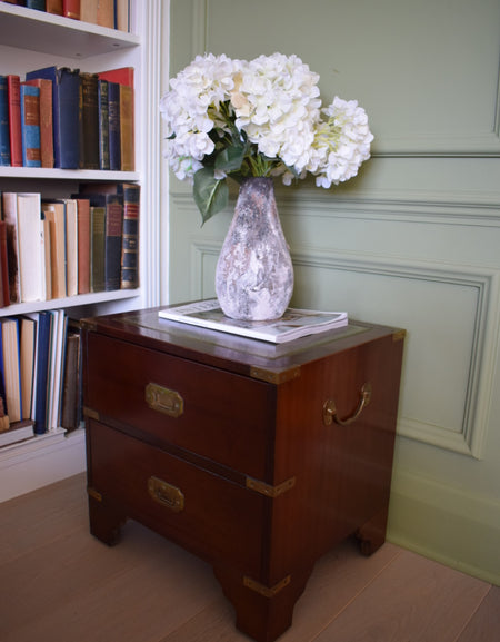 Harrods Kennedy military bedside table with green leather top with handles