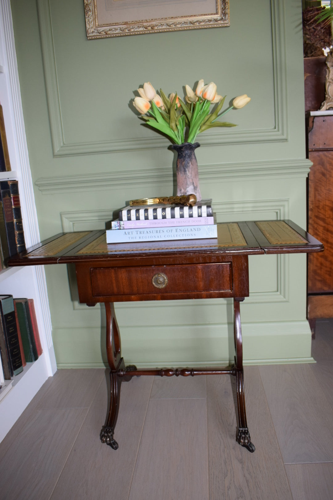 Beautiful Flamed Mahogany Bedside Or End Wine Tables With tan Leather Top