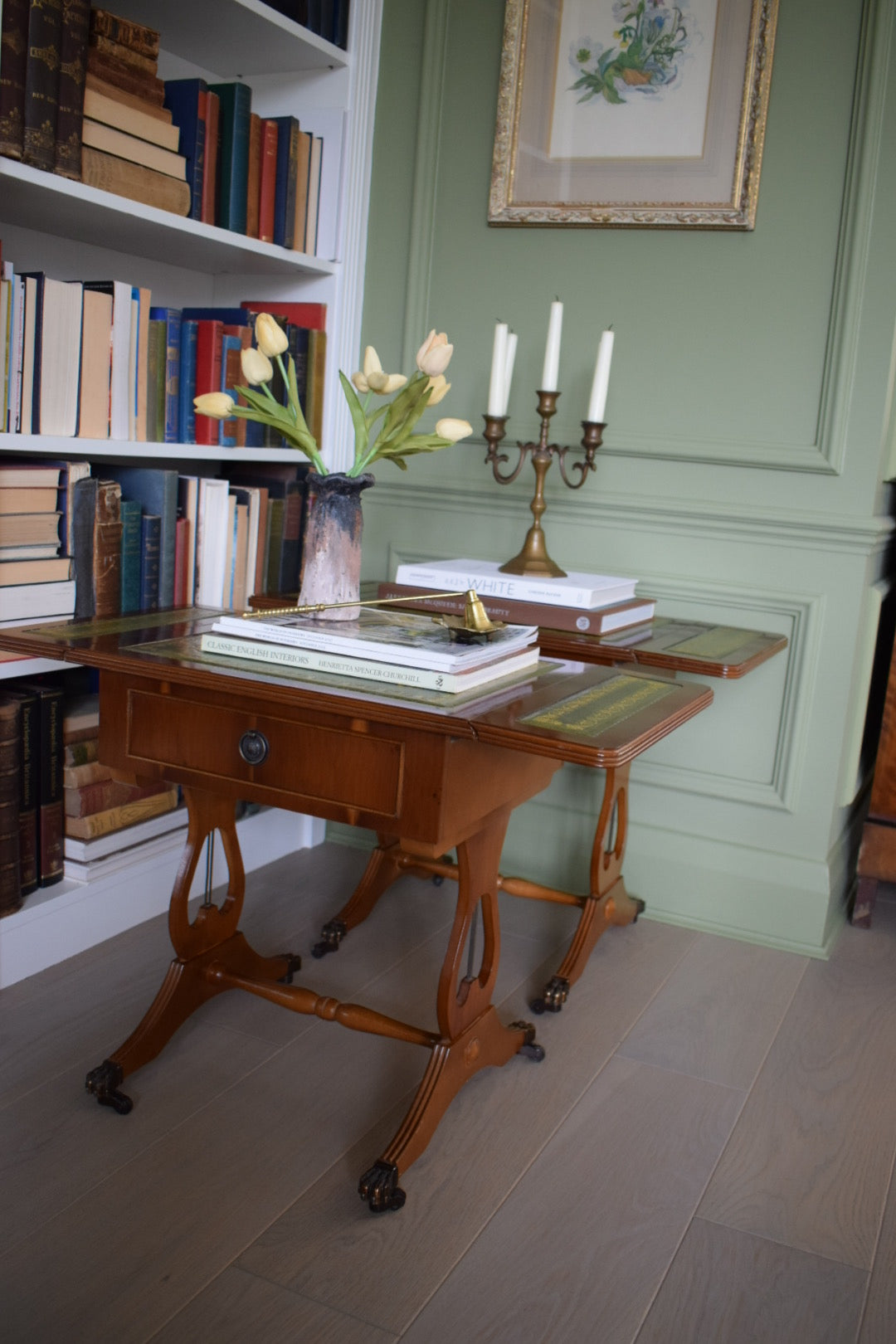 STUNNING Pair Of Flamed Mahogany Bedside Or End Wine Tables With Green Leather Top and Paw castors Bevan Funnell