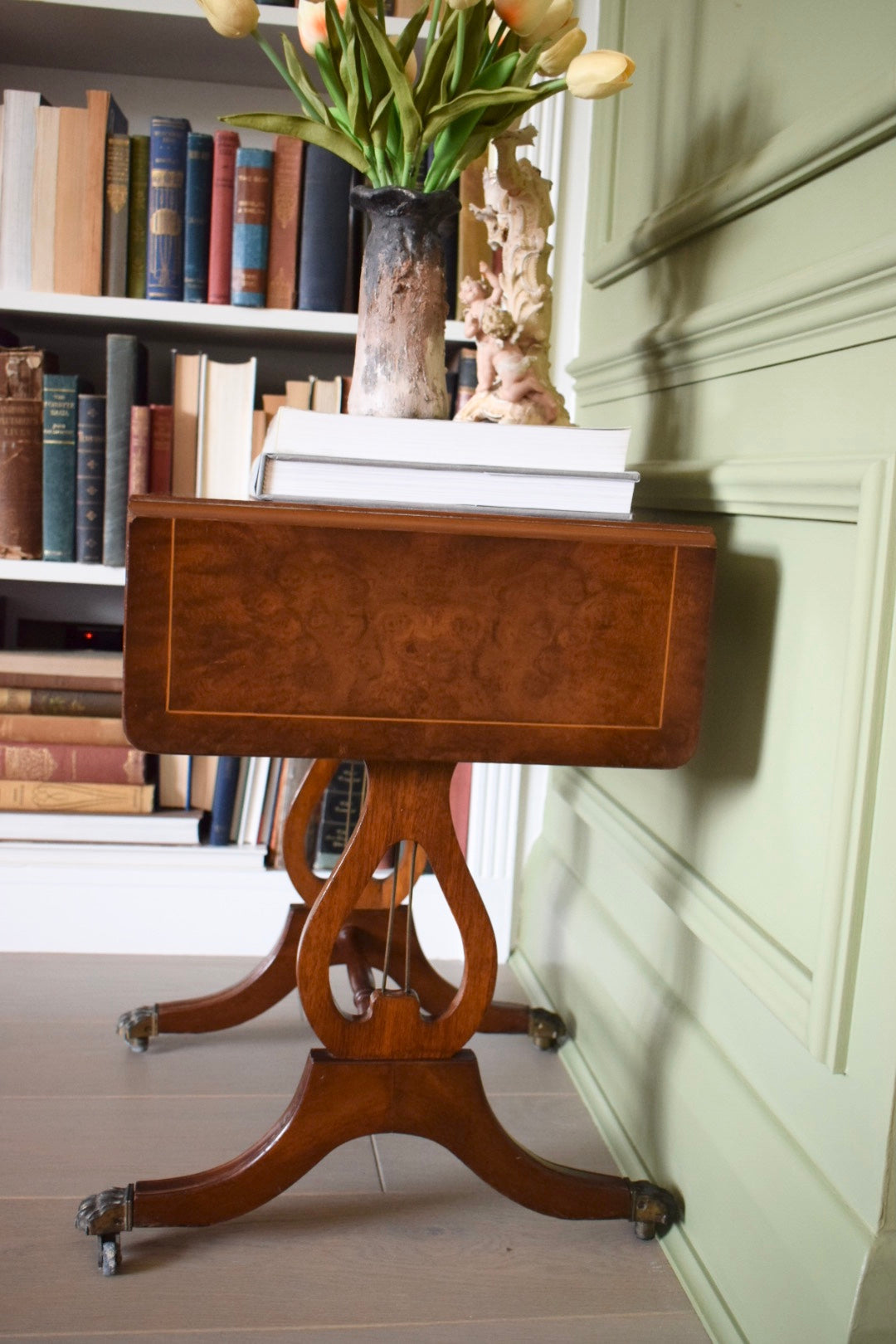 Stunning Burr and Burl Walnut Bedside Or End Wine Lamp Tables Bevan Funnell style With paw castors