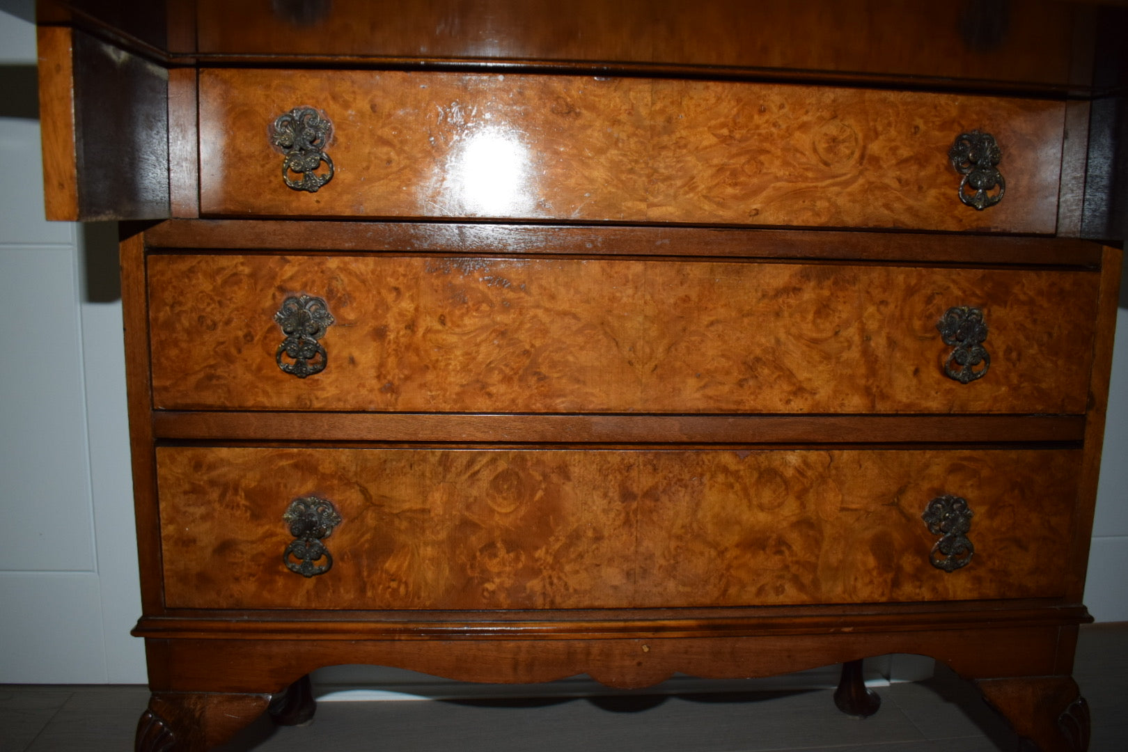 Antique Burr and burl c. 1900s walnut writing bureau