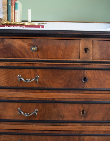 Exquisite Burl wood Louis French Marble Top Commode Chest of Drawers