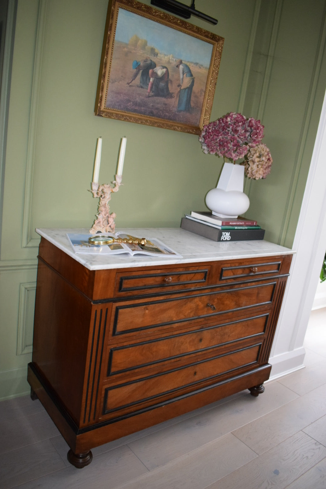 Stunning Burl wood Neoclassical Louis French Antique Marble Top Chest of Drawers Dresser