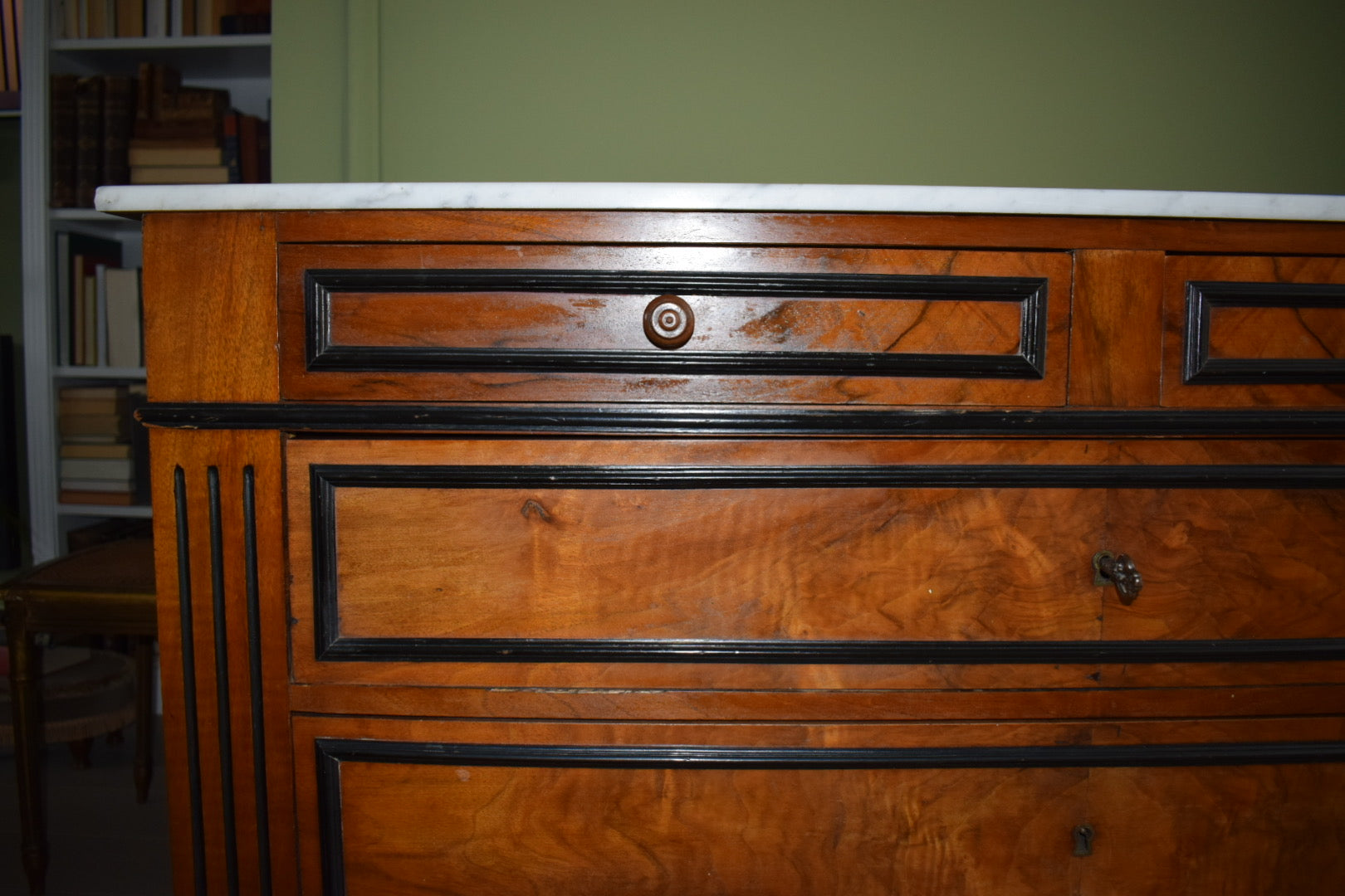 Stunning Burl wood Neoclassical Louis French Antique Marble Top Chest of Drawers Dresser